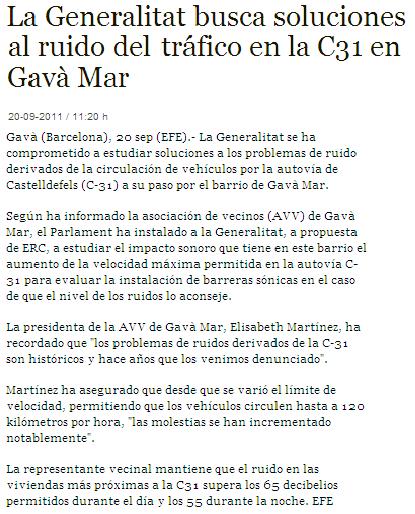 Notcia publicada en la agencia de noticias EFE sobre la aprobacin en el Parlamento de Catalunya de una resolucin unnime por el ruido provocado por la autova de Castelldefels (20 de Septiembre de 2011)
